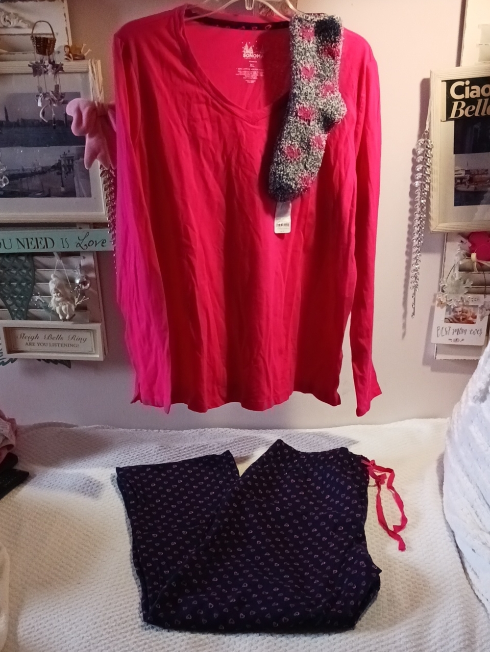 V-Neck Long Sleeve Pajama Top - Hot Pink & Navy Heart Pants W/Heart Design Socks